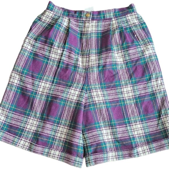Vintage That's Me Wool Blend Purple & Green Tartan  Plaid Casual Shorts - Picture 1 of 10